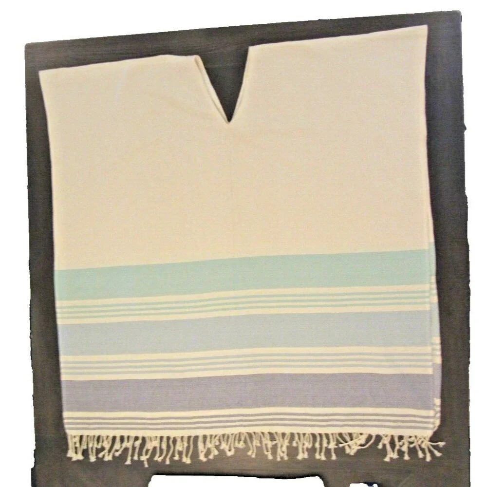 Womens OS Cream Blue Stripes Fringe Poncho Beach Caftan Coverup Boho Tribe Alive - Picture 11 of 11